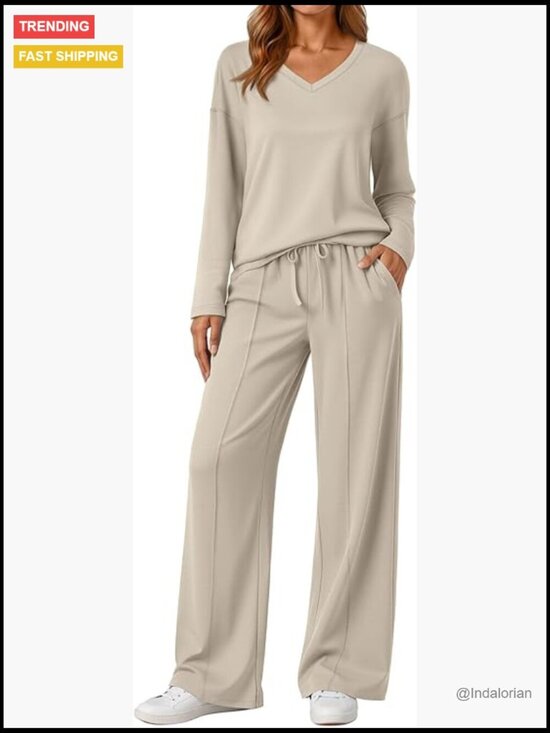 Pants - Long Sleeve V-Neck Tracksuit Set with Wide Leg Pants, 60% Polyester 35% Rayon